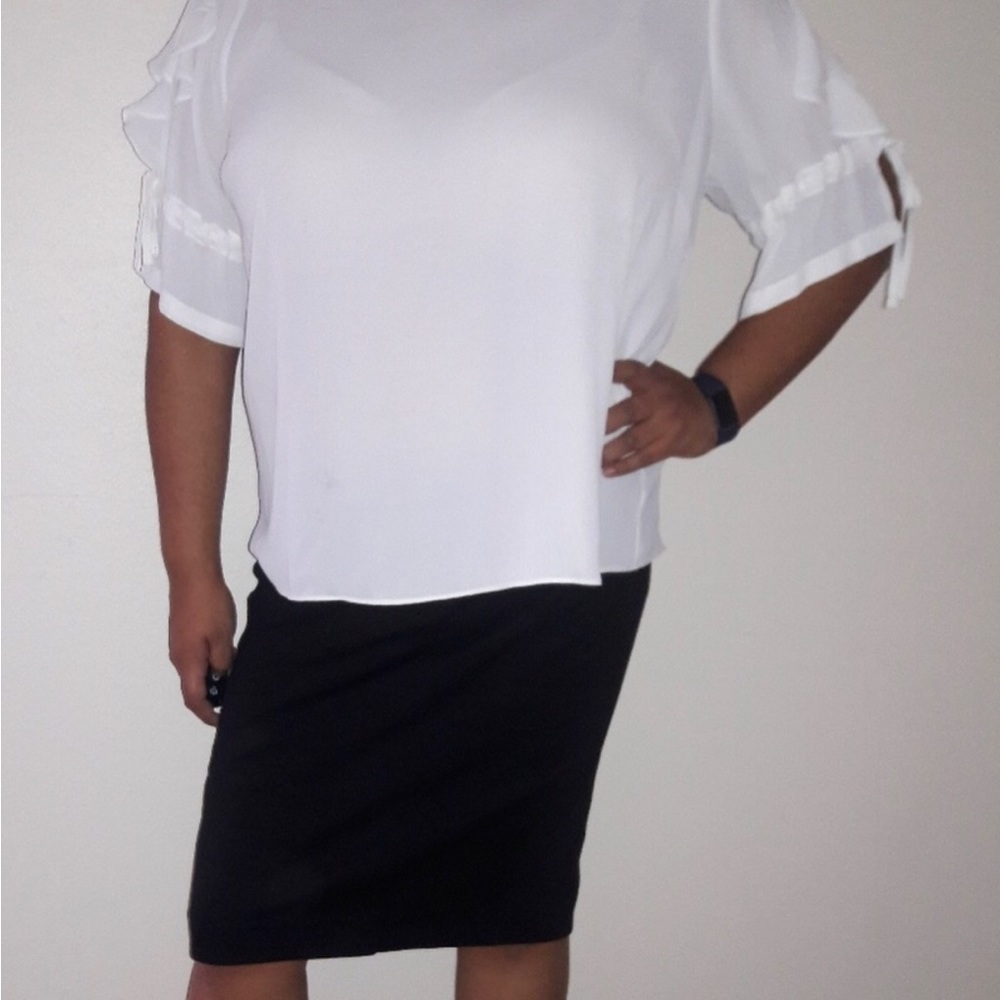 🗯Worthington chiffon top OX💭 Crisp top bell sleeves with cinch drawstring NWT - Picture 2 of 4